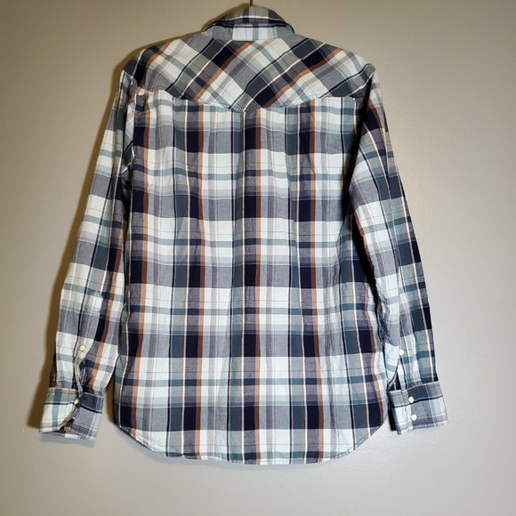 Fossil Western Pearl Snap Blue Plaid Button Up Men's Shirt Size M - Picture 2 of 12